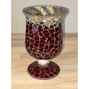 Hearth-side Large Red Hurricane Lantern Glass Mosaic Vase/Candle Holder/8"